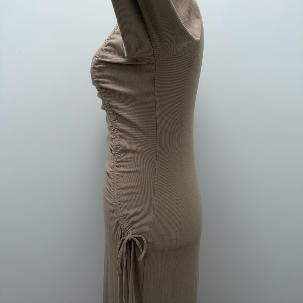 Zahraa The Label Ruched Tie Ribbed Beige Maxi Dress Size Medium - Picture 6 of 14